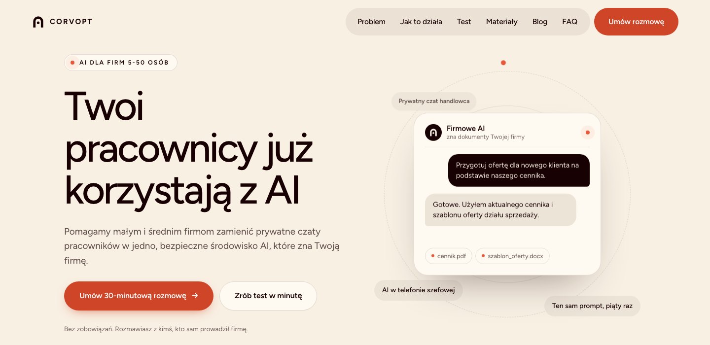 Strona główna corvopt.com z czatem Firmowe AI